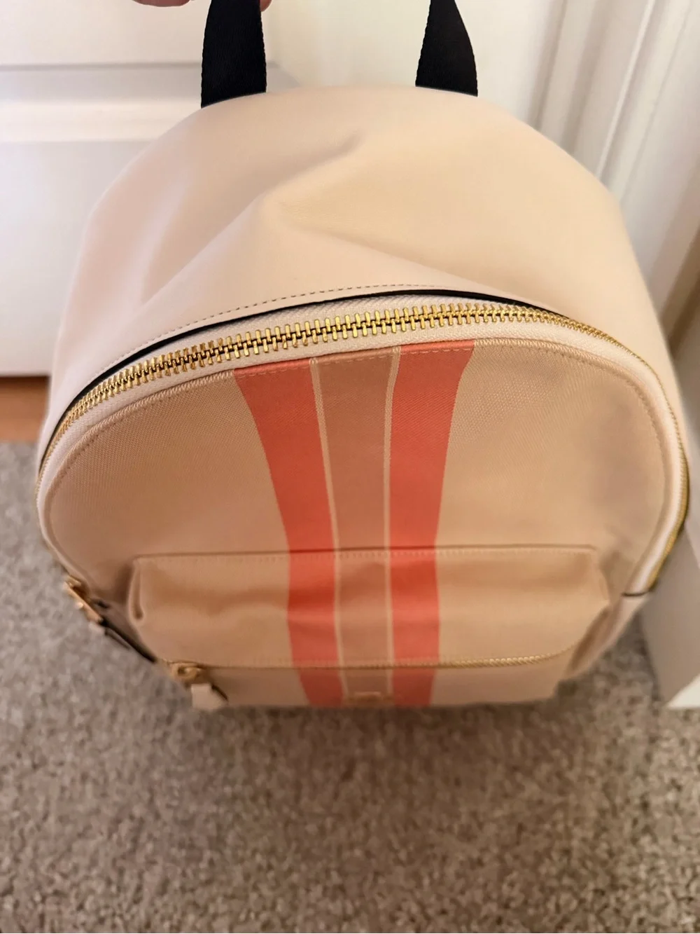 Coach Beige Canvas Backpack with Pink Stripe Accents